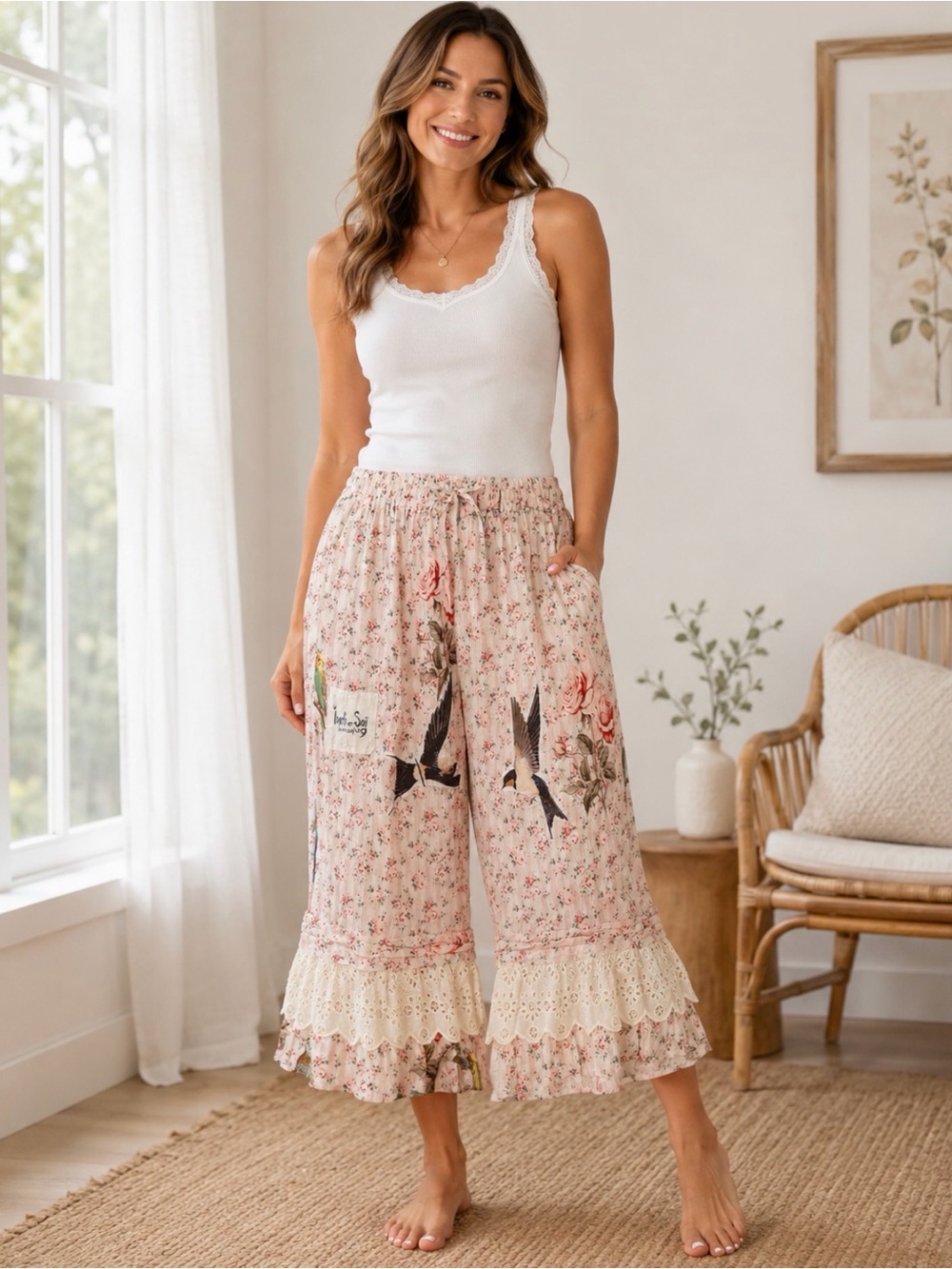 Indi Sai Handcrafted Pink Floral Ruffle Eyelet Capris Bird Parakeet Motif XL